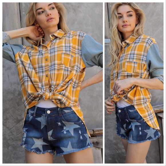 Davi & Dani Tops - Rebel Flannel & Yellow Plaid Oversized Shirt